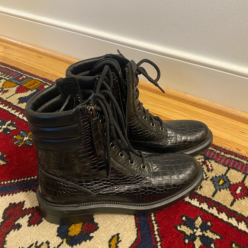 Aquatalia Laila Water Resistant Black Croc Embossed Combat Boot womens 6.5